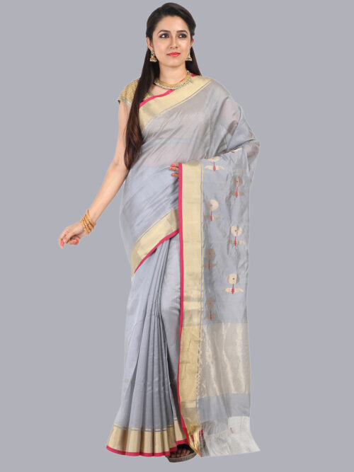 infashiow chanderi grey silk saree