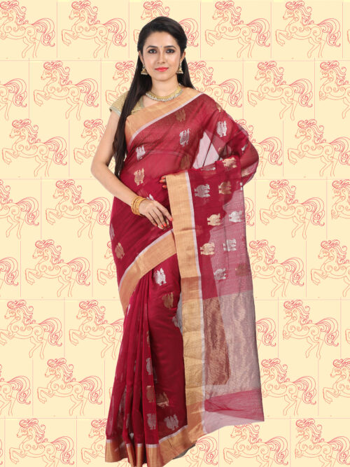 infashiow chanderi maroon silk saree