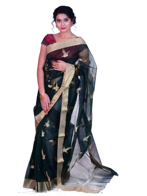 infashiow chanderi green silk saree