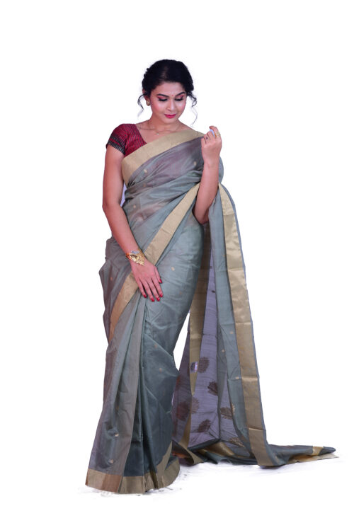 infashiow chanderi olive green silk saree