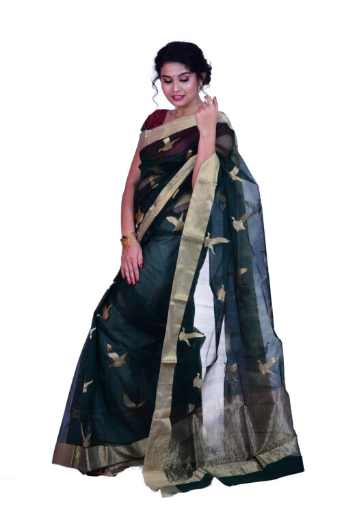 infashiow chanderi green silk saree