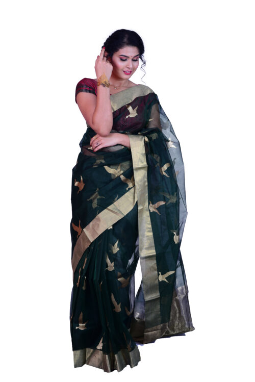 infashiow chanderi green silk saree