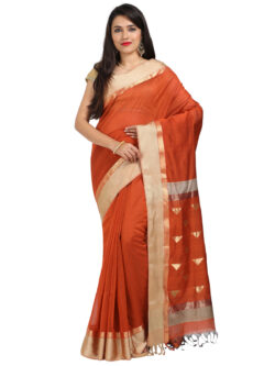 Infashiow Red Brick Colored Maheshwari Silk Saree