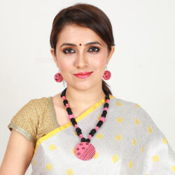 Infashiow Pink And Black Colored Handcrafted Terracotta Jewelry Set