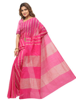 Infashiow Handloom Woven Pure Tussar Ghicha Silk Pink Colored Striped Saree