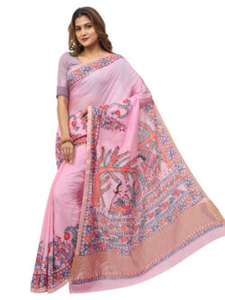 Infashiow Pink Madhubani Hand Painted Silk Saree