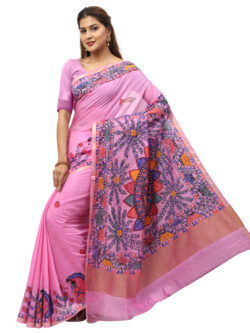 Infashiow Pinkish Madhubani Hand Painted Silk Saree