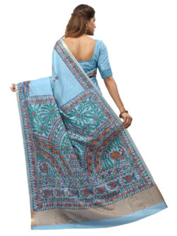 Infashiow Sky Blue Madhubani Hand Painted Silk Saree