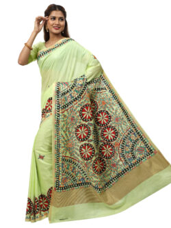 Infashiow Pastel Green Madhubani Hand Painted Silk Saree