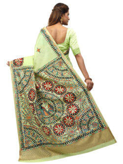 Infashiow Pastel Green Madhubani Hand Painted Silk Saree