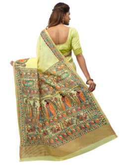 Infashiow Yellow Madhubani Hand Painted Silk Saree