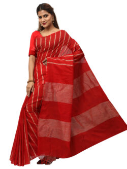 Infashiow Handloom Woven Pure Tussar Ghicha Silk Red Colored Striped Saree