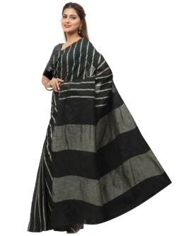 Infashiow Handloom Woven Pure Tussar Ghicha Silk Black Colored Striped Saree