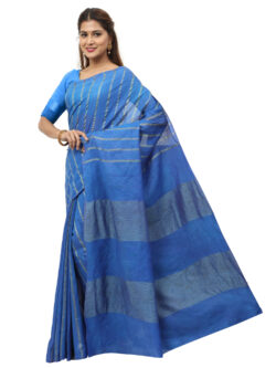 Infashiow Handloom Woven Pure Tussar Ghicha Silk Blue Colored Striped Saree