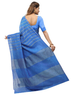 Infashiow Handloom Woven Pure Tussar Ghicha Silk Blue Colored Striped Saree