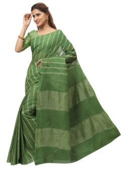 Infashiow Handloom Woven Pure Tussar Ghicha Silk Green Colored Striped Saree