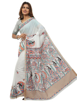 Infashiow White Madhubani Hand Painted Silk Saree