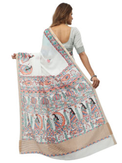 Infashiow White Madhubani Hand Painted Silk Saree