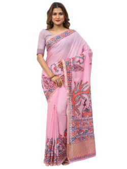 Infashiow Pink Madhubani Hand Painted Silk Saree