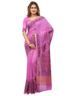 Infashiow Fushcia Pink Madhubani Hand Painted Silk Saree