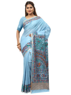 Infashiow Sky Blue Madhubani Hand Painted Silk Saree