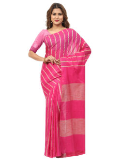 Infashiow Handloom Woven Pure Tussar Ghicha Silk Pink Colored Striped Saree