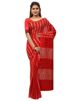 Infashiow Handloom Woven Pure Tussar Ghicha Silk Red Colored Striped Saree