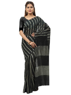 Infashiow Handloom Woven Pure Tussar Ghicha Silk Black Colored Striped Saree